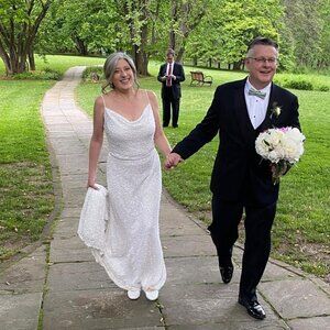 BHLDN Rae Bridal Gown - White beaded pearl sequin sheath cowl neck + flare train